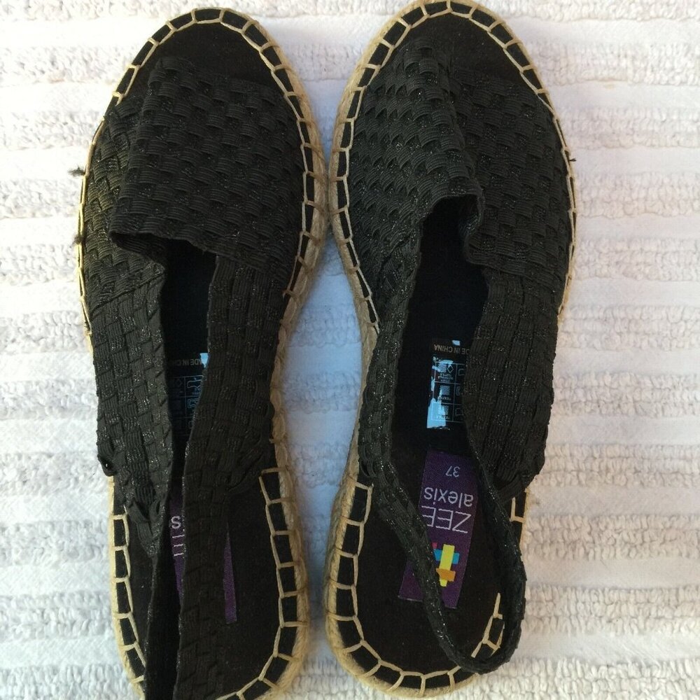 Zee Alexis Espadrille Flats Woven Black Metallic Slingback Size US 6.5 EUR 37